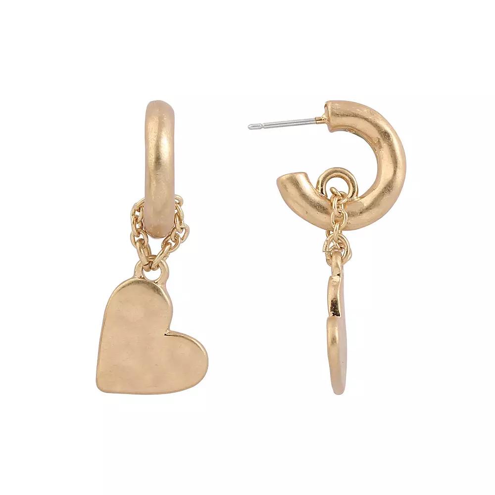 Bella Uno Worn Heart Charm Post Hoop Earrings, Women's, Gold Tone Product Image