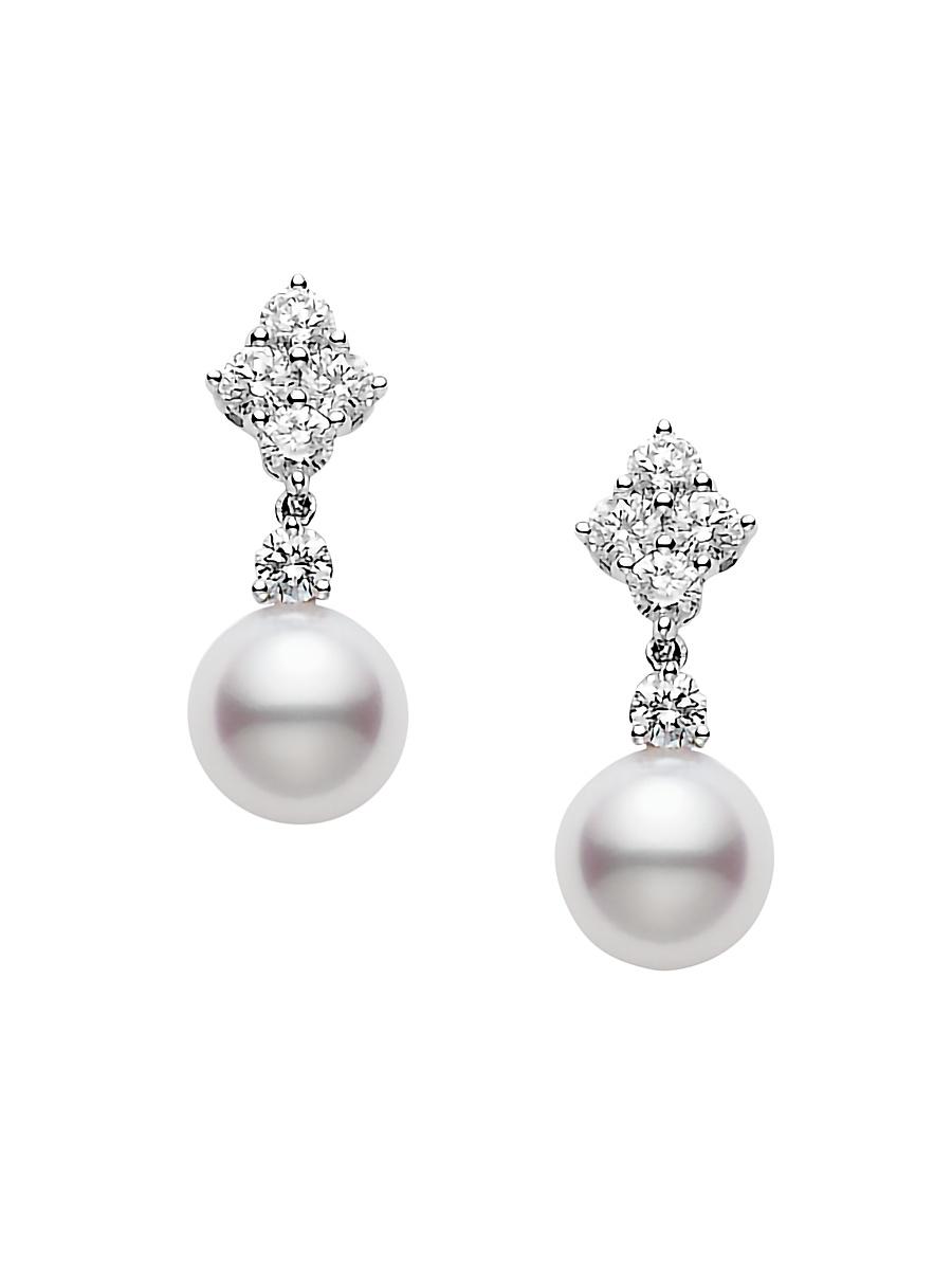 Womens 7.5MM White Cultured Akoya Pearl, Diamond & 18K White Gold Drop Earrings Product Image