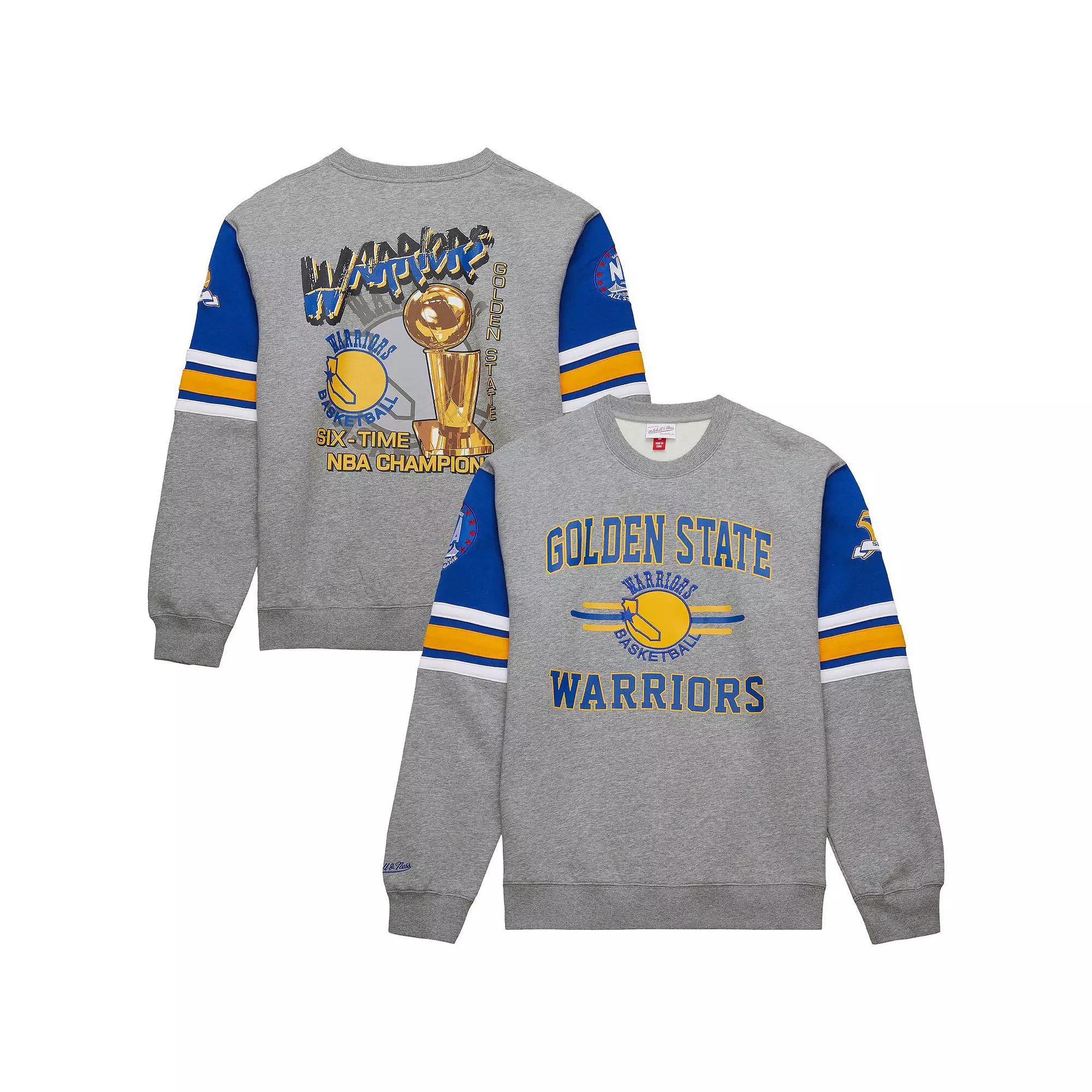 Men's Mitchell & Ness Heather Gray Golden State Warriors Hardwood Classics All Over 4.0 Pullover Sweatshirt,  Product Image