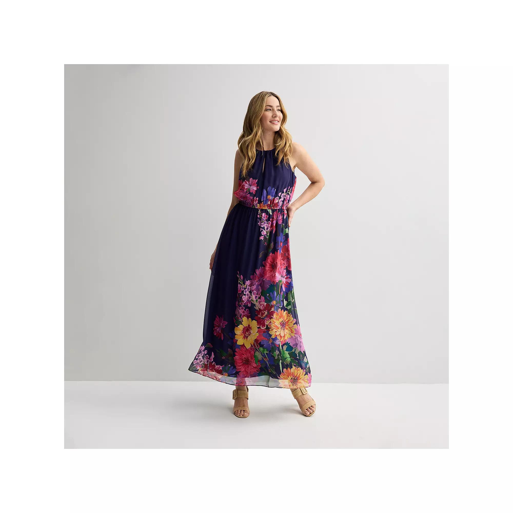 Women's London Times Sleeveless Keyhole Neckline Elastic Waist Maxi Dress, Size: Medium, Blue Team Floral Product Image