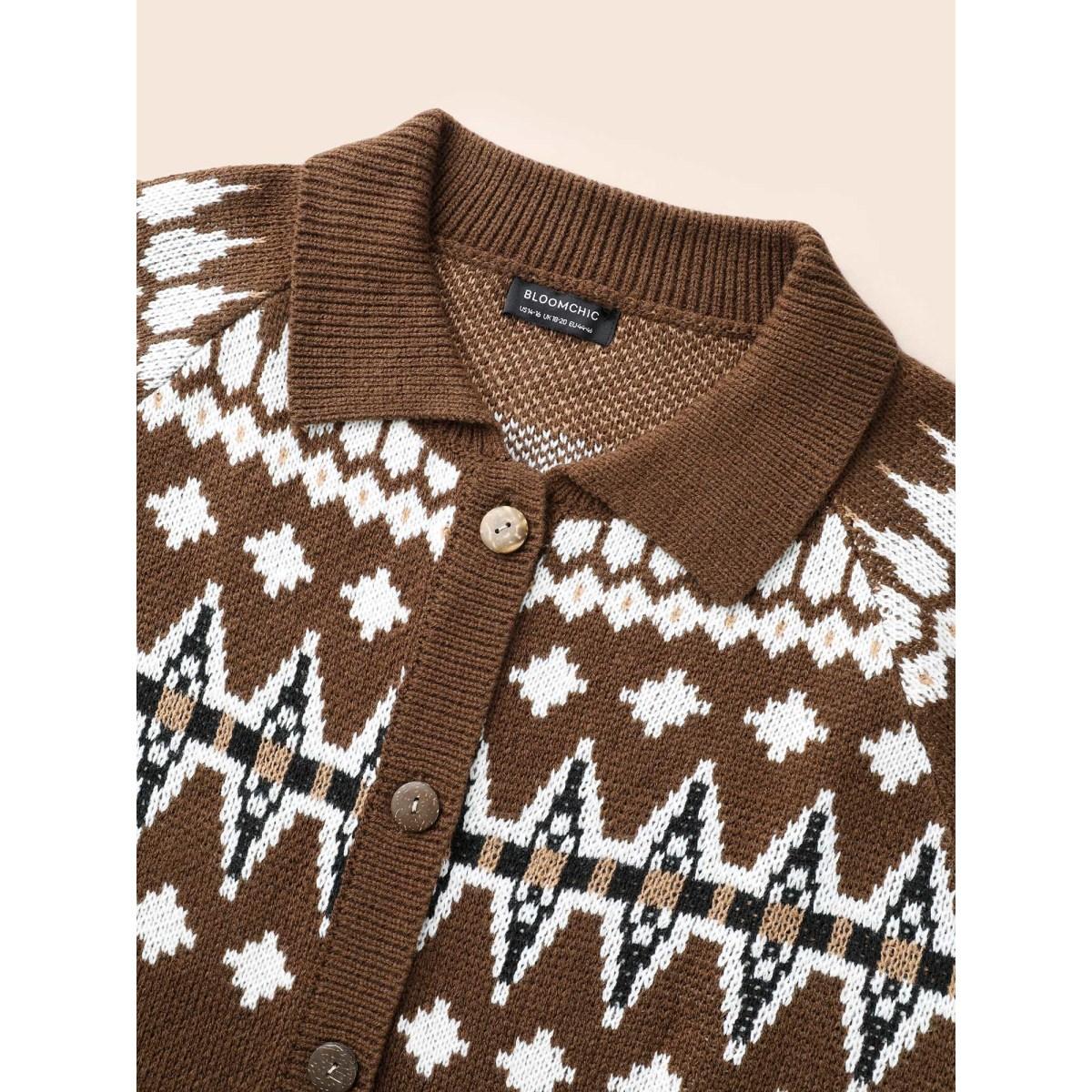 Plus Size Fair Isle Collared Button Down Cardigan DarkBrown Women Casual Loose Long Sleeve Everyday Cardigans BloomChic 18-20/2X Product Image