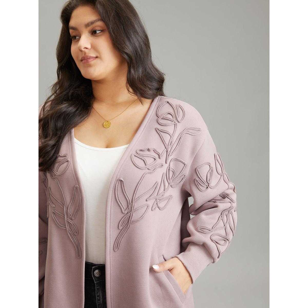 Plus Size Stereo Flower Design Rib Knit Jacket Women Rouge Texture Pocket Everyday Jackets BloomChic 18-20/2X Product Image