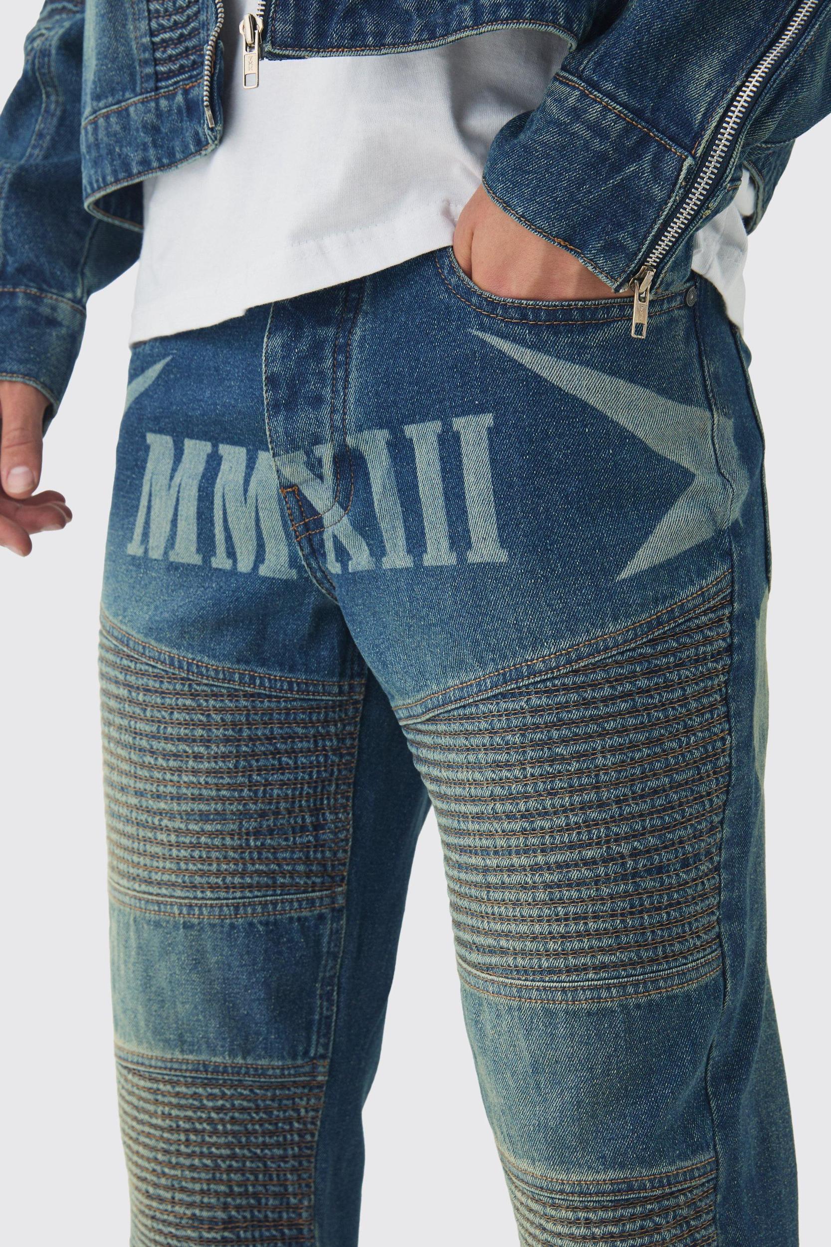 Straight Leg Moto Star Laser Print Jeans | boohooMAN USA Product Image