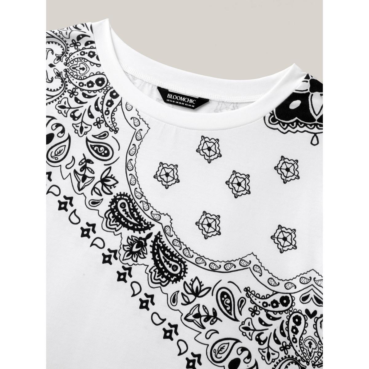 Plus Size Boho Print Plain Crewneck T-Shirt Ivory Women Leisure Non Round Neck Casual T-shirts BloomChic 28/5X Product Image