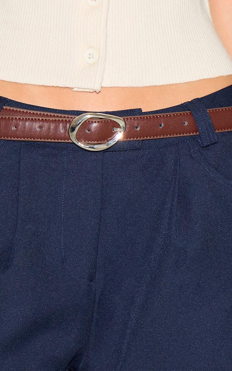 Chocolate Smooth Faux Leather Skinny Belt with Abstract Buckle Detail Product Image