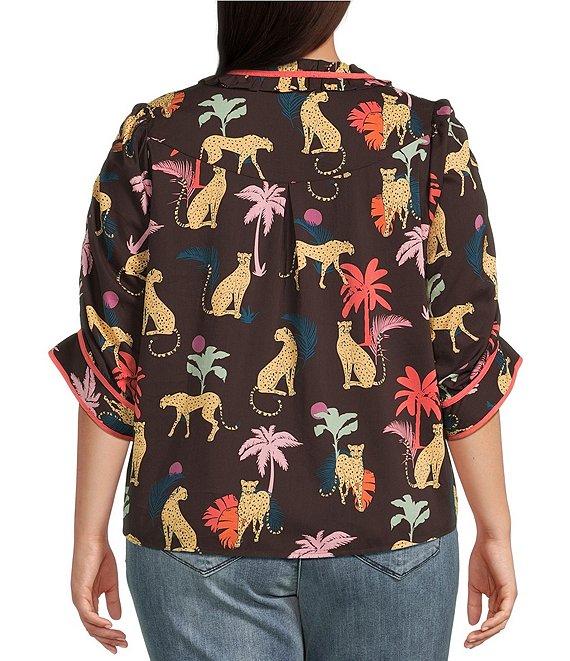 Democracy Plus Size Woven Animal Palm Printed Ruffle Split V-Neck Ruched Elbow Sleeve Top Product Image