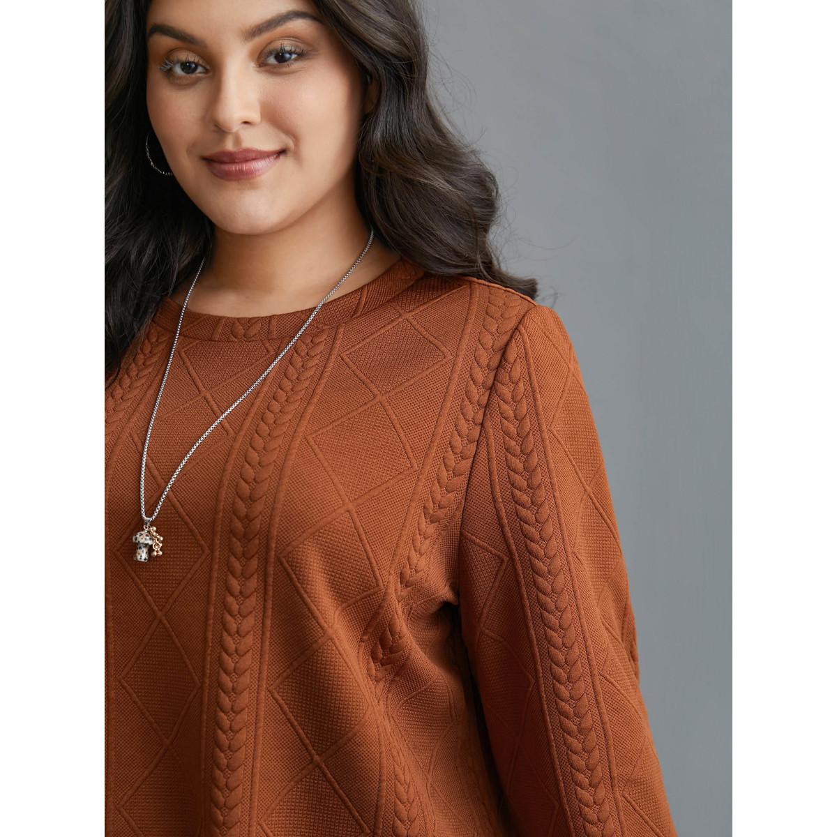 Plus Size Textured Round Neck Stretchy Sweatshirt Women Rust Casual Texture Round Neck Everyday Sweatshirts BloomChic 28/5X Product Image