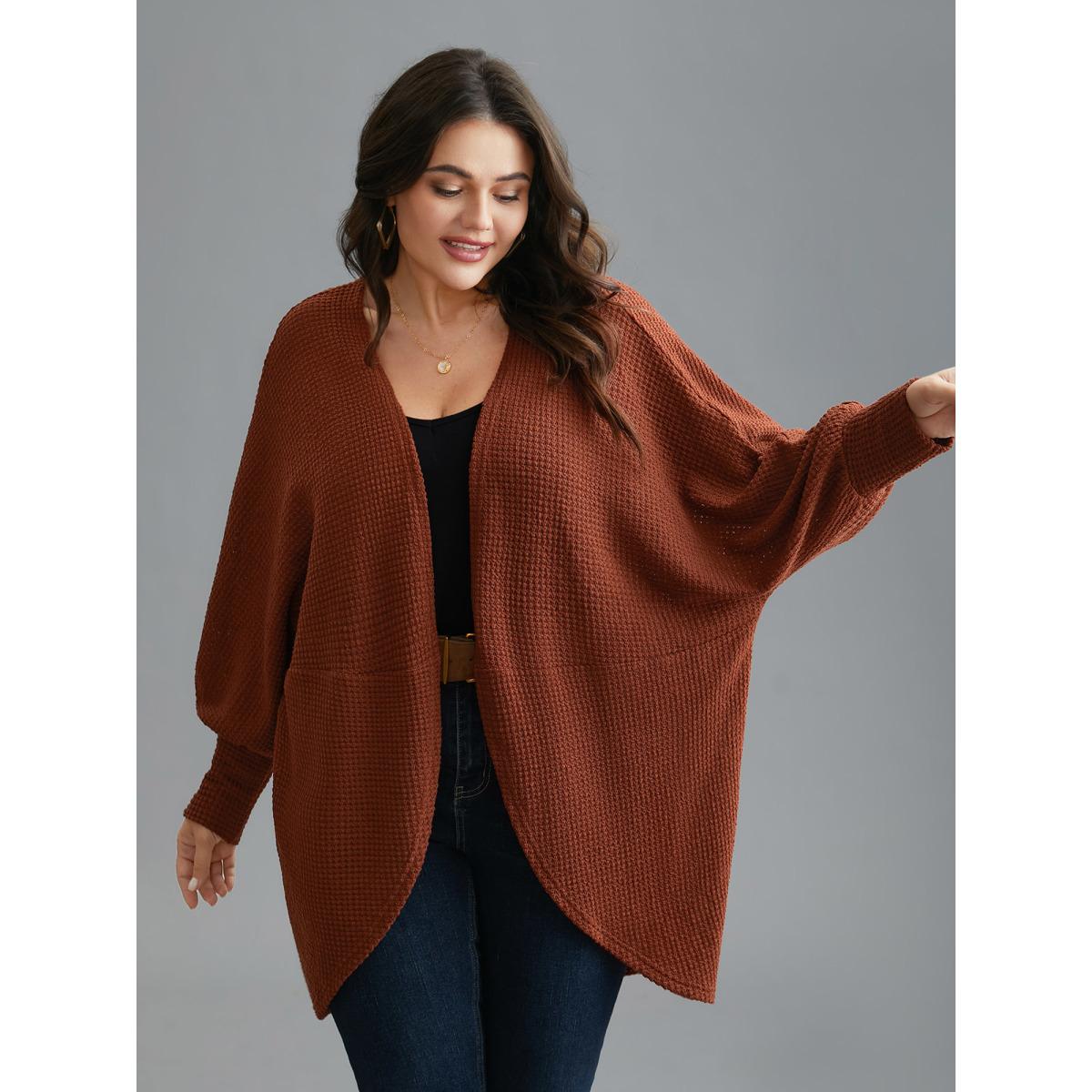 Plus Size Textured Curved Hem Lantern Sleeve Cardigan Women Russet Casual Texture Loose Everyday Kimonos BloomChic 18-20/2X Product Image
