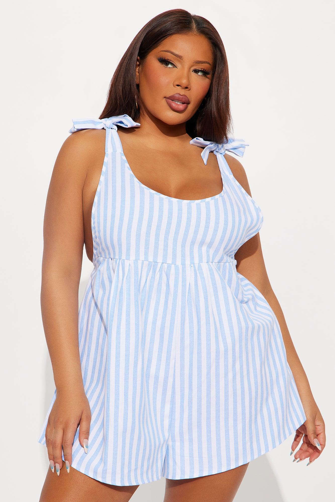 Play All Day Linen Romper - Blue/combo Product Image