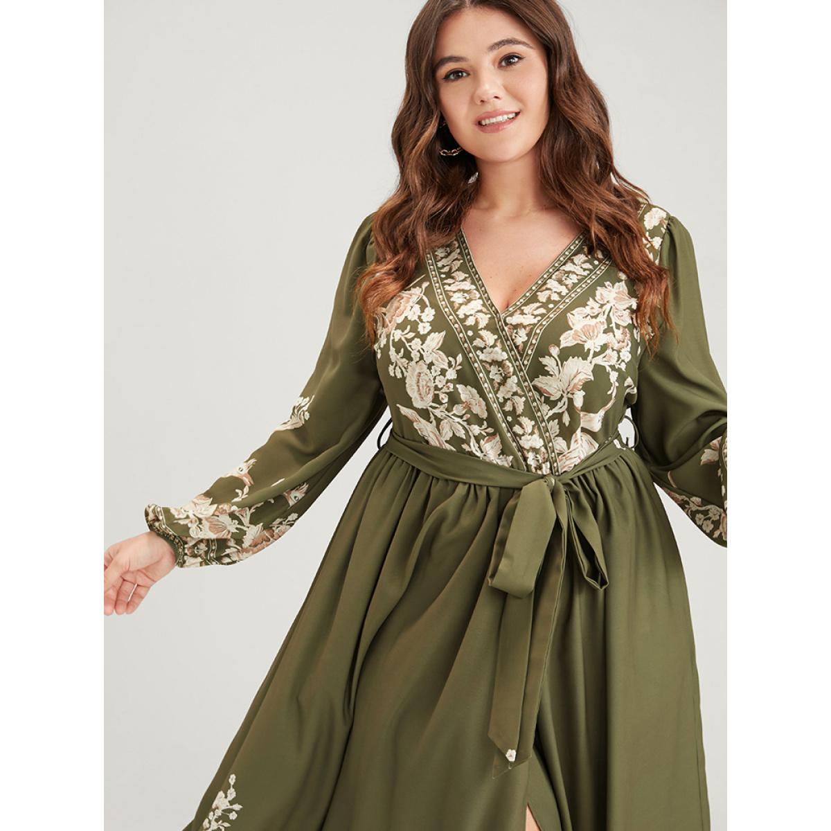 Plus Size Floral Button Split Lantern Sleeve Belted Pocket Wrap Dress ArmyGreen Women Vacation Embroidered V-neck Long Sleeve Curvy Long Dress BloomChic 12/L Product Image