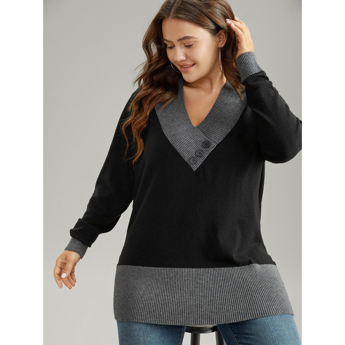 Plus Size Supersoft Essentials Contrast Deep V Neck Button Detail Pullover Black Women Casual Long Sleeve Deep V-neck Everyday Pullovers BloomChic 30/6X Product Image