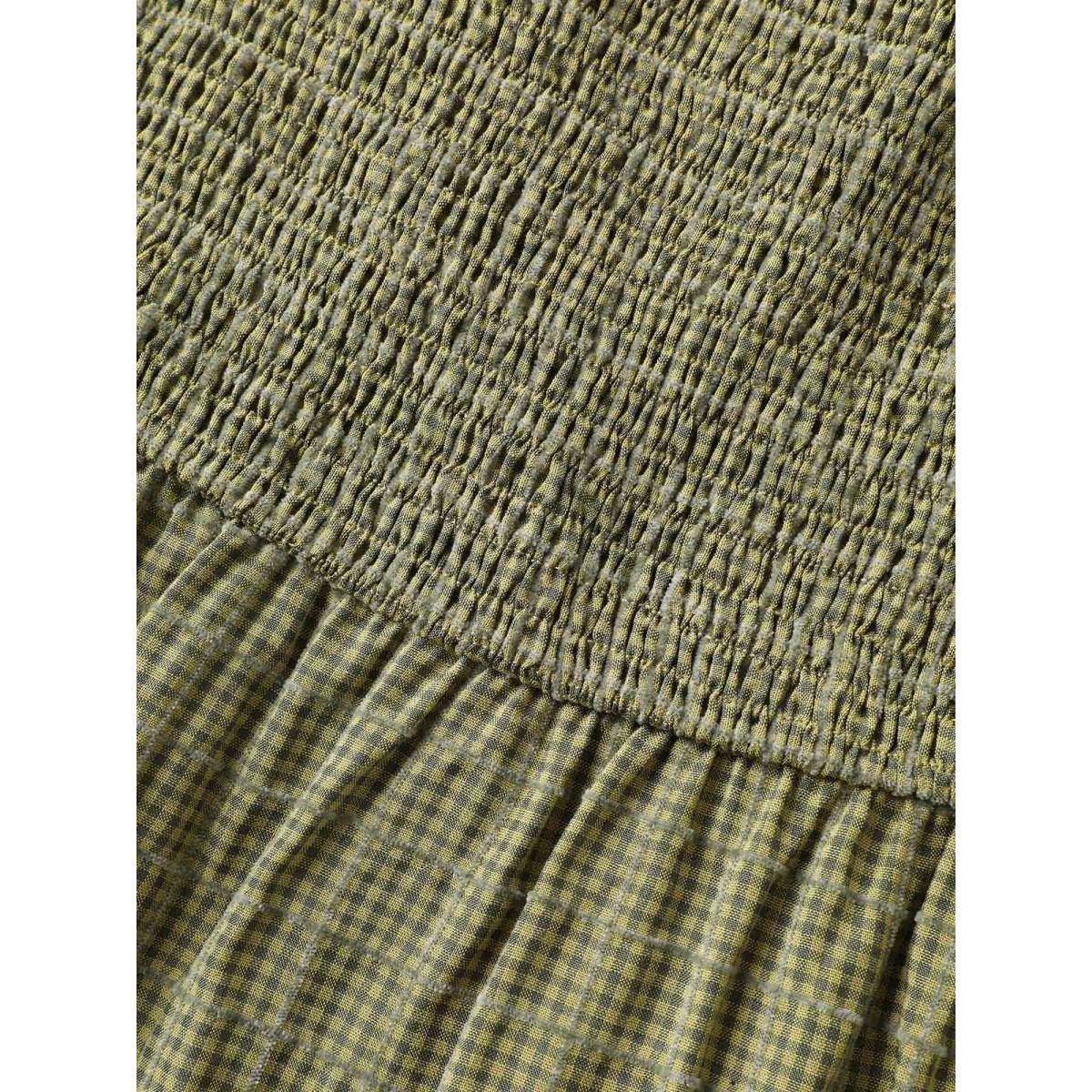 Plus Size Plaid Shirred Lace Trim Tiered Maxi Dress Moss Women Leisure Square Neck Cap Sleeve Curvy BloomChic 10/M Product Image