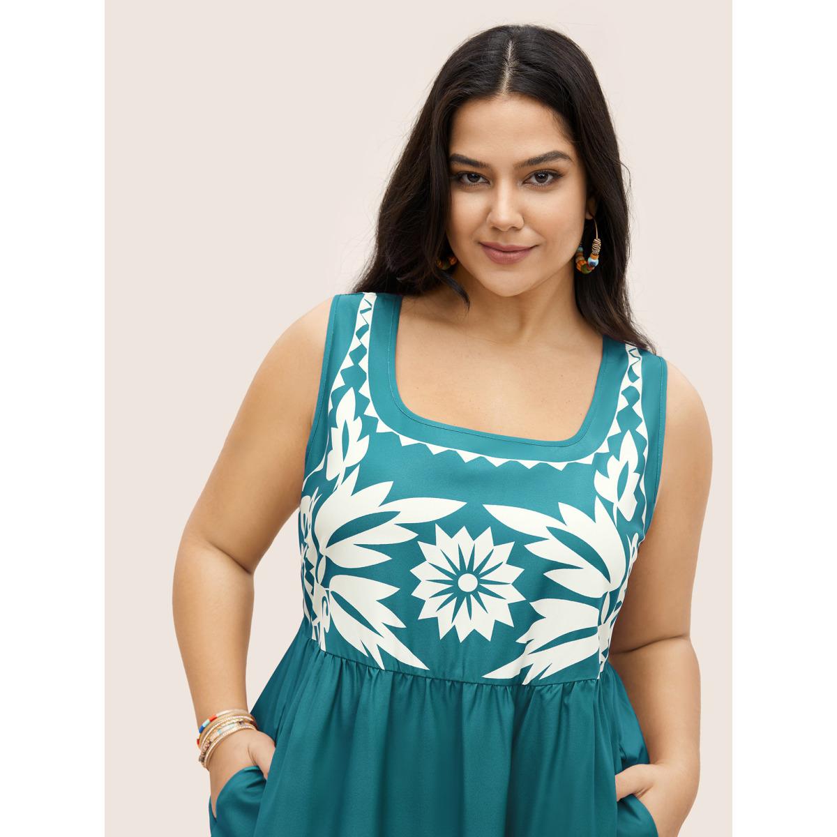 Plus Size Boho Print Square Neck Elastic Waist Tank Dress Emerald Women Resort Gathered Round Neck Sleeveless Curvy Midi Dress BloomChic 26/4X Product Image