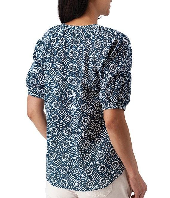 Aventura Cassia Printed Slub Weave Woven Y-Neck Button Front Blouse Product Image