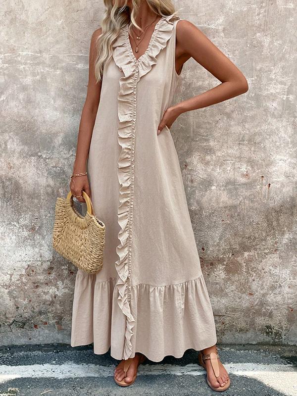 A-Line Loose Pleated Ruffle Trim Solid Color V-Neck Maxi Dresses Product Image