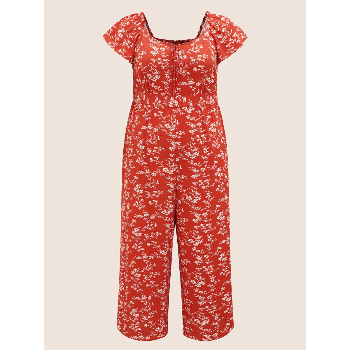Plus Size Rust Crew Neck Ditsy Floral Tie Knot Jumpsuit Women Elegant Cap Sleeve Round Neck Everyday Loose Jumpsuits BloomChic 14-16/1X Product Image