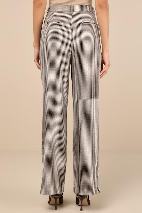Pivotal Poise Beige Houndstooth High-Rise Straight Trousers Product Image