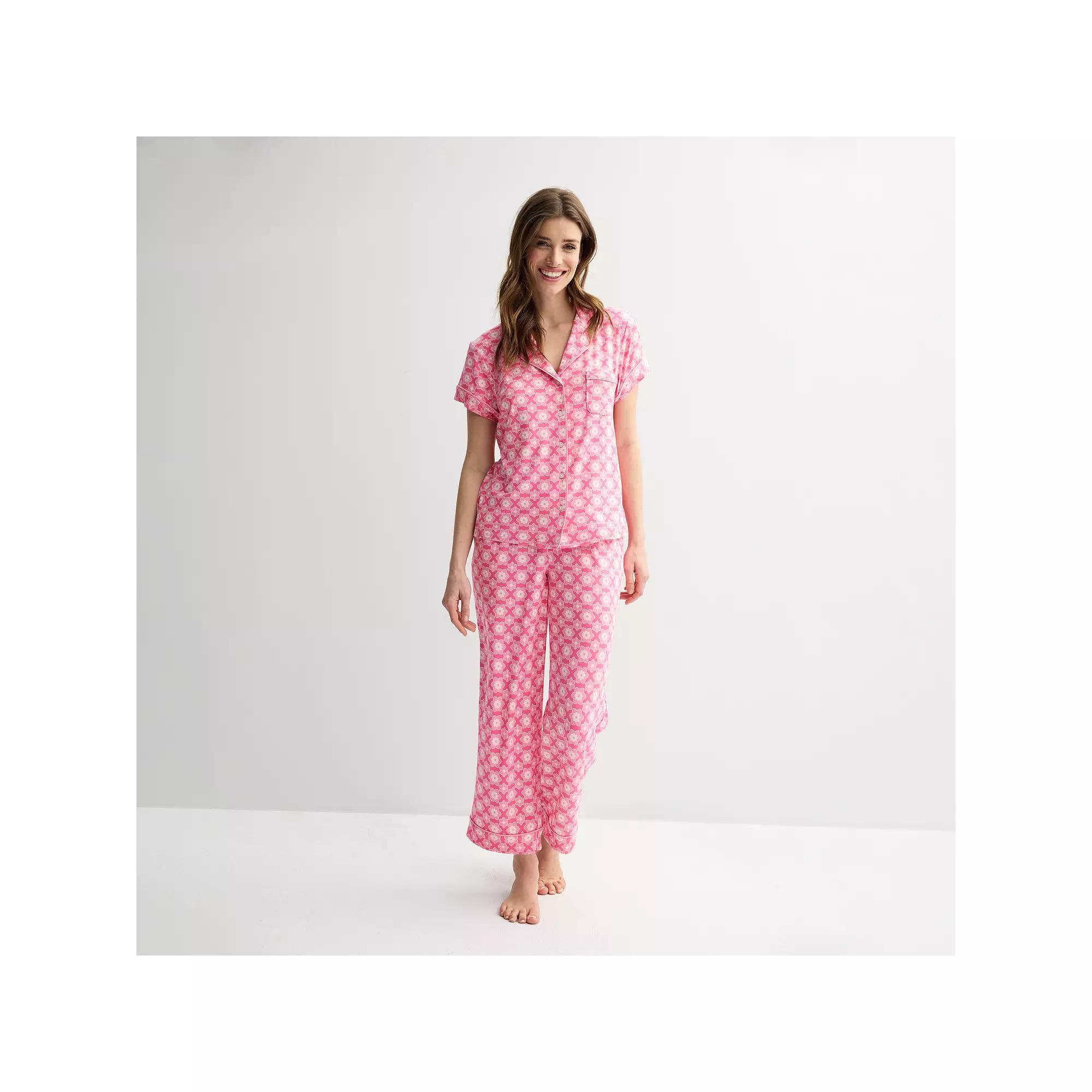 Women's Draper James 2-Piece Printed Cozy Short Sleeve Notch Collar Pajama Top & Pajama Pants Set,  Product Image