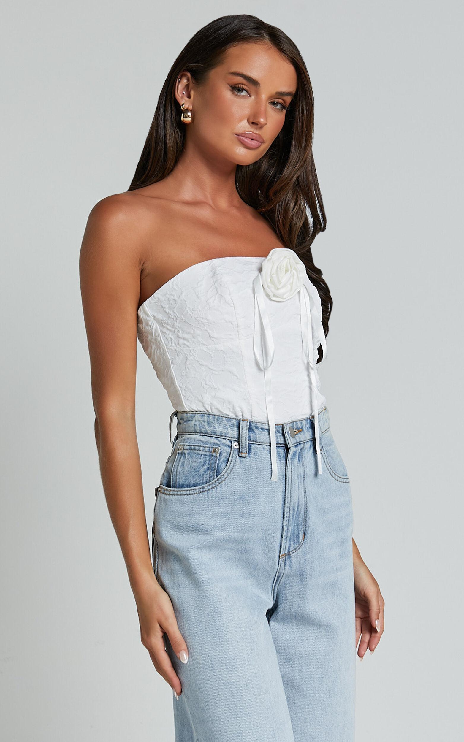 Brooke Top - Strapless Jacquard Detachable Rosette Top in White Product Image