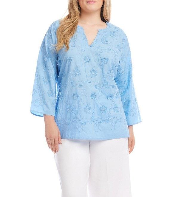 Karen Kane Plus Size Embroidered Split V-Neck 3/4 Sleeve Tunic Product Image