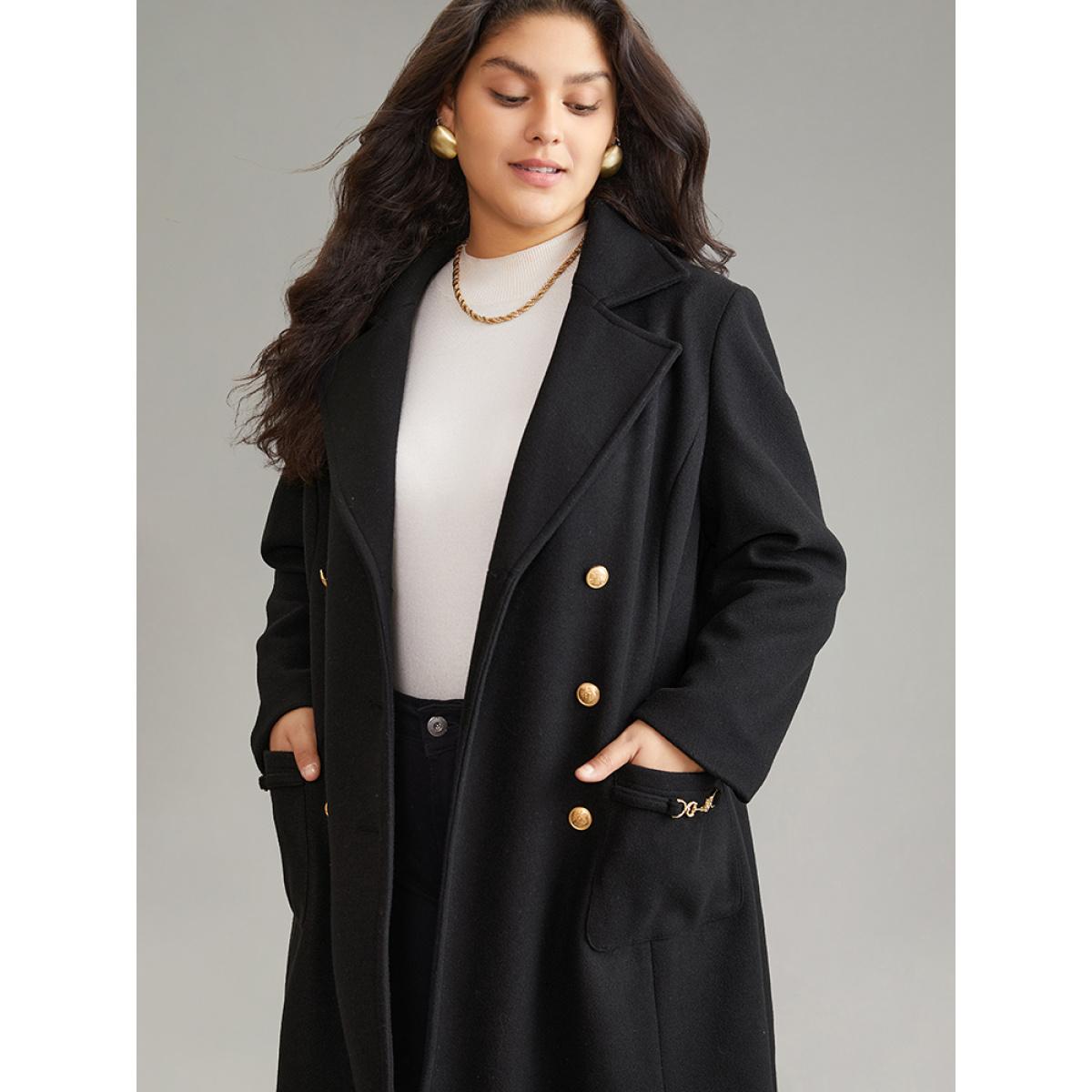 Plus Size Lapel Collar Pocket Chain Buckle Detail Coat Women Black Casual Lined Ladies Dailywear Winter Coats BloomChic 30/6X Product Image