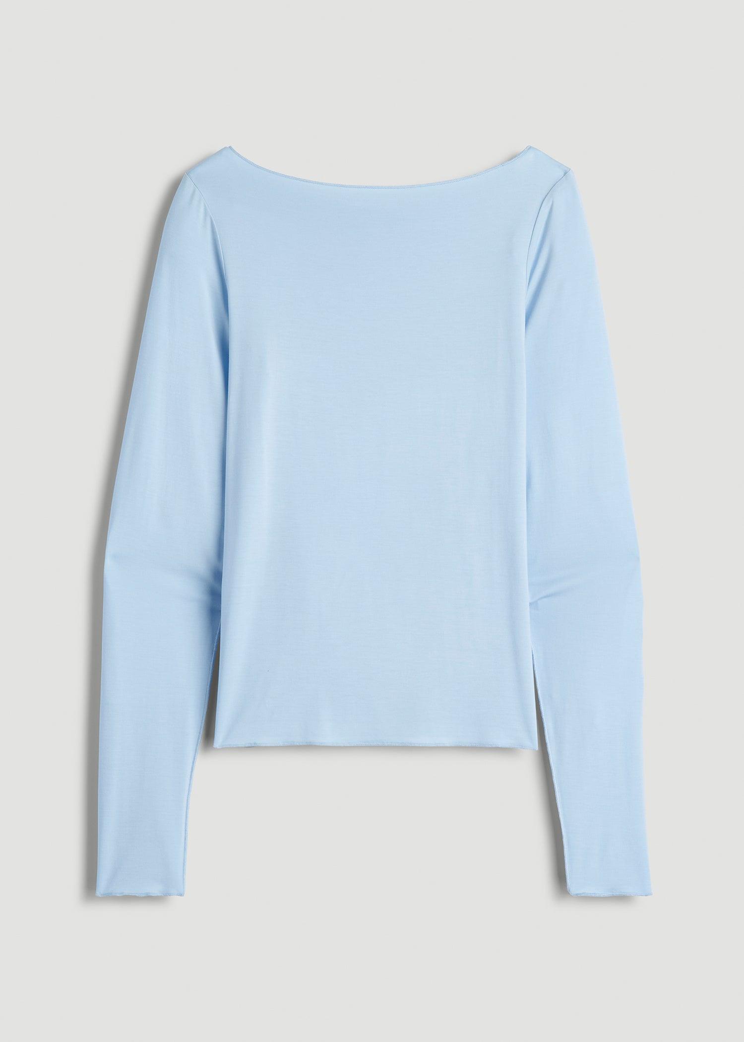 Boatneck Long Sleeve Exposed Seam Top for Tall Women in Ice Blue Female Product Image