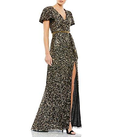Mac Duggal Sequin V-Neck Short Flutter Sleeve Front Slit Gown Product Image