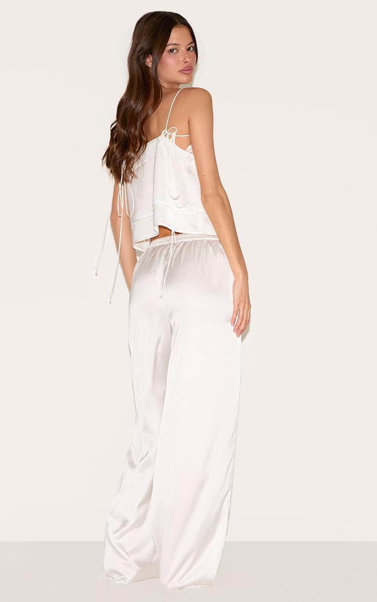 White Satin Flower Trim Cami Long Pj Set Product Image