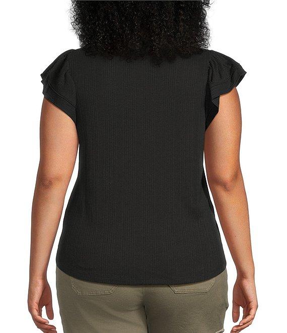 Democracy Plus Size Mix-Media Split V-Neck Cap Sleeve Shirttail Hem Knit Top Product Image