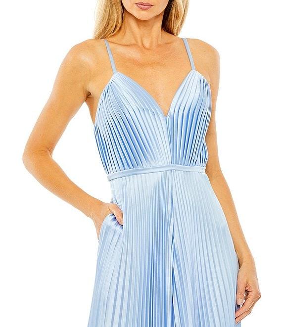 Mac Duggal Pleated Deep V-Neck Spaghetti Strap Sleeveless Wide Leg Jumpsuit Product Image