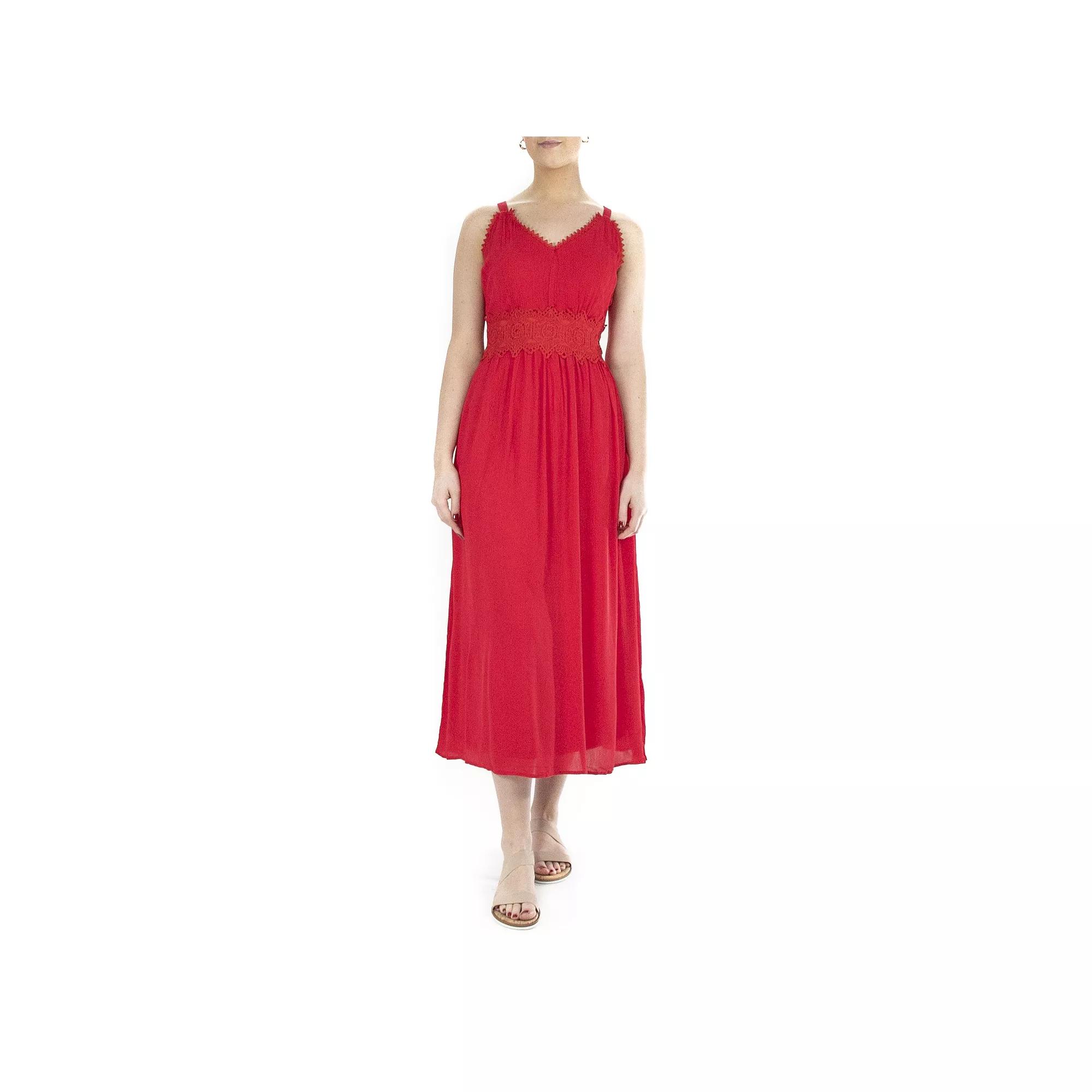 Women's Nina Leonard Crochet Trim Maxi Dress, Size: Large, Real Red Product Image