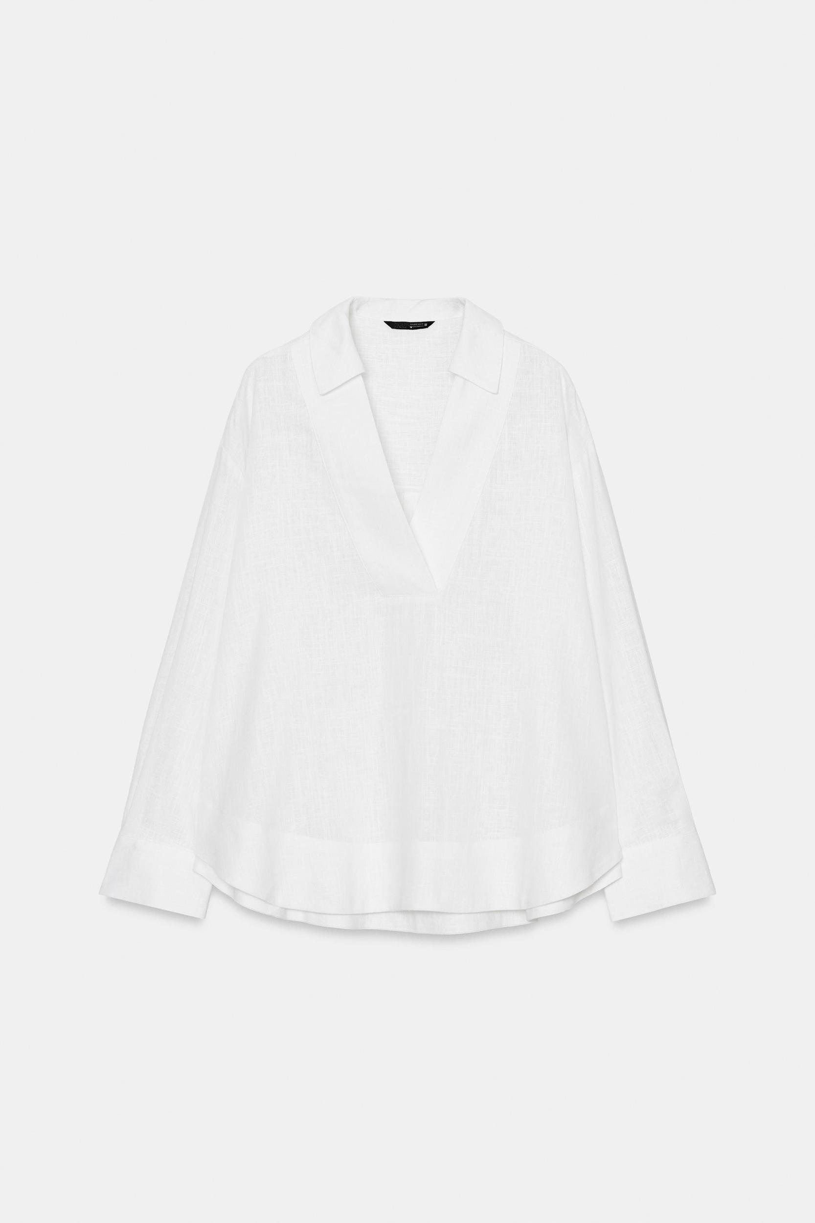 LINEN BLEND POLO COLLAR BLOUSE Product Image