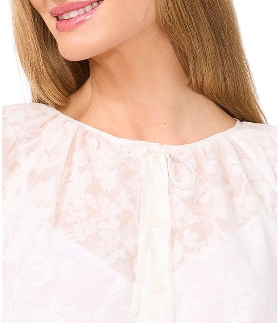 CeCe Woven Floral Round Neck Long Puff Sleeve Button Front Blouse Product Image