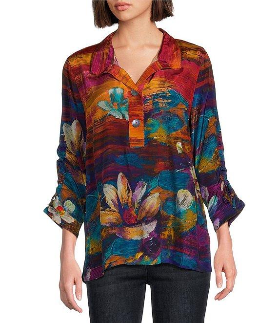 John Mark Woven Floral Painting Print Wire Collar 3/4 Cinch Sleeve Tunic Product Image