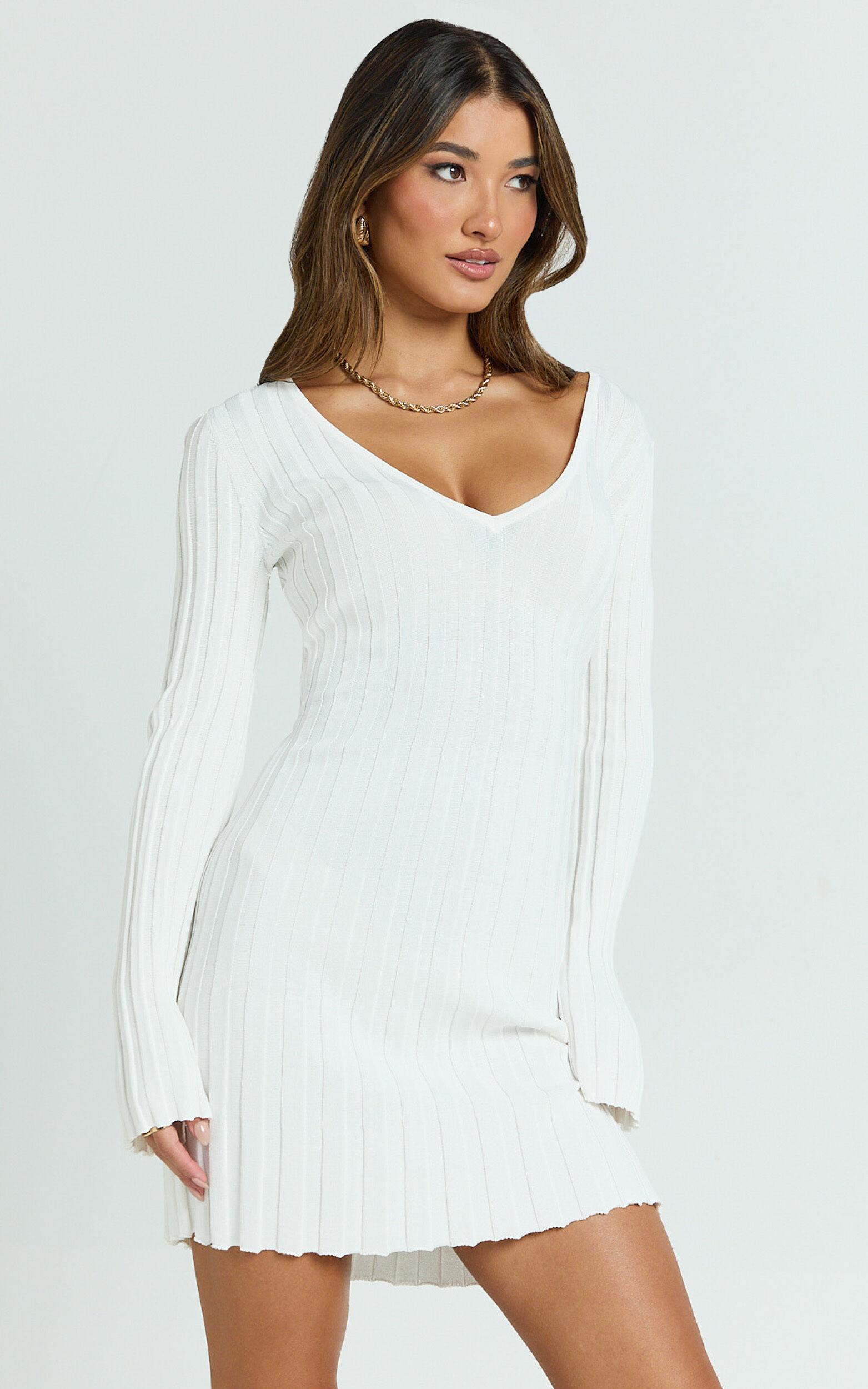 Carissa Mini Dress - V Neck Long Sleeve Knit Dress in White Product Image