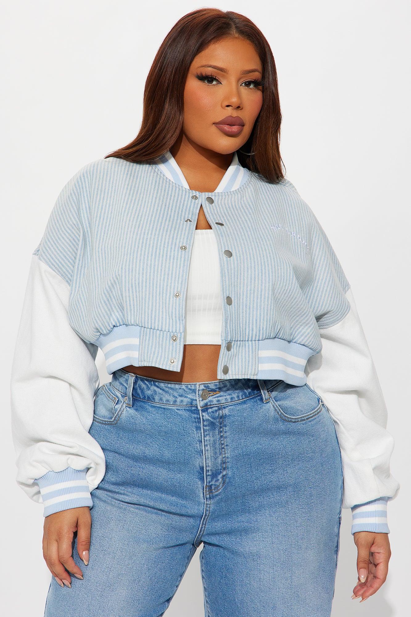 So Classic Cropped Pinstripe Denim Jacket - Blue/combo Product Image