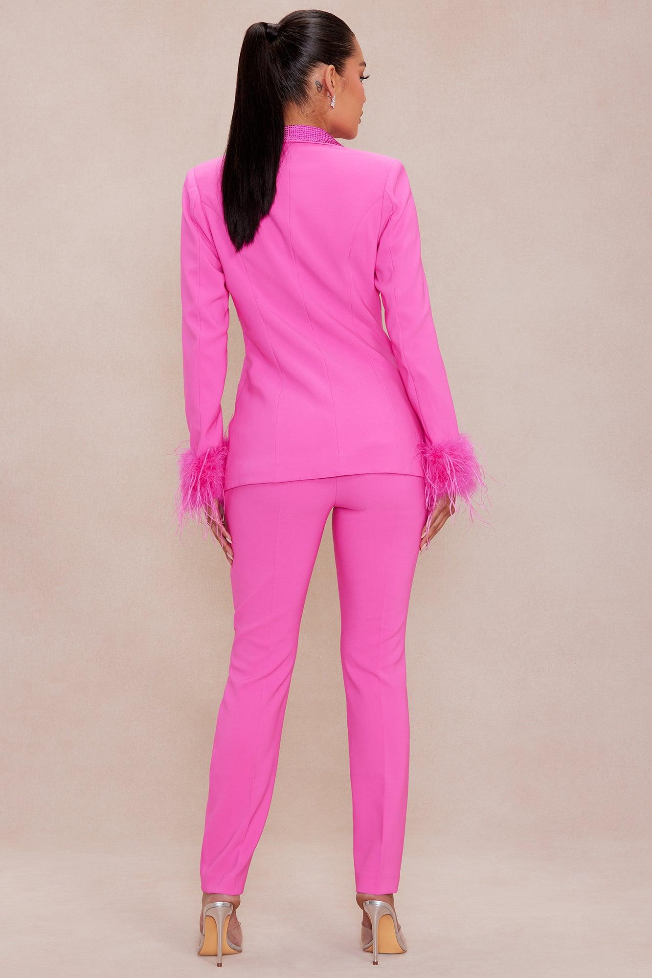Clarissa Embellished Feather Blazer Suit Set - Hot Pink Product Image