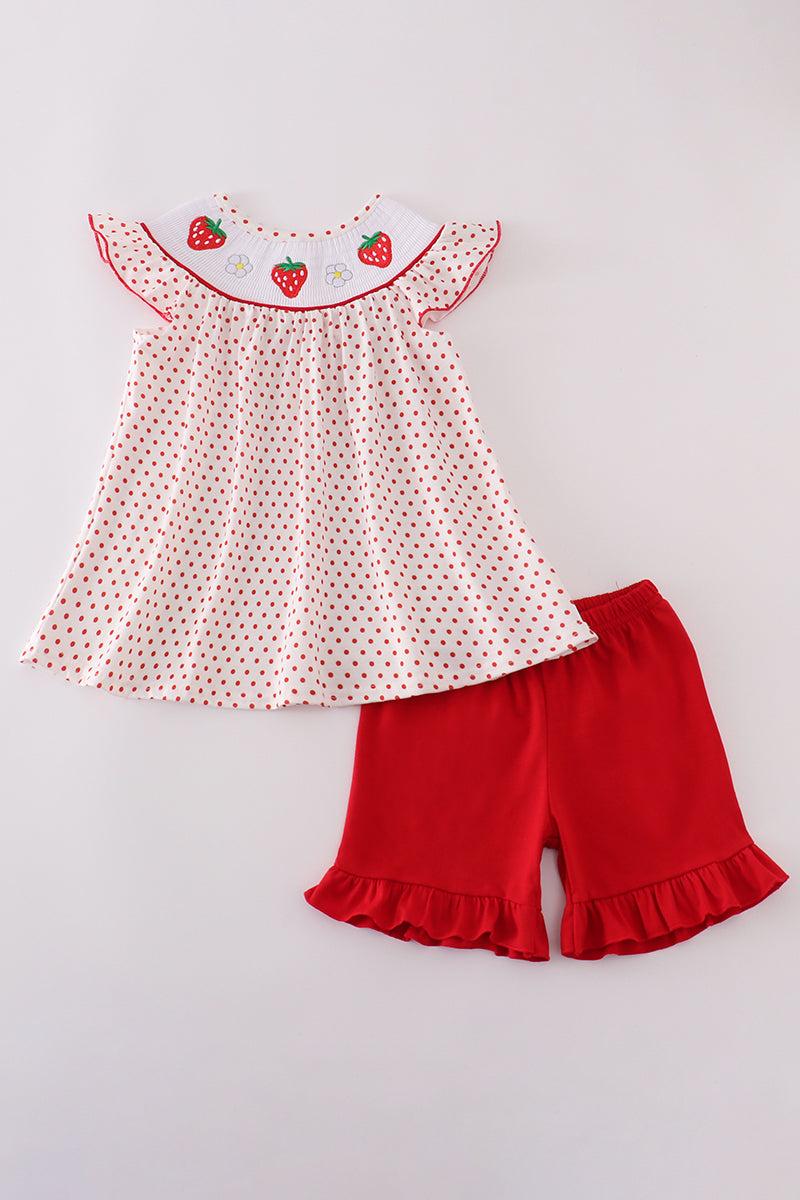 Red dot strawberry embroidery smocked shorts set Product Image