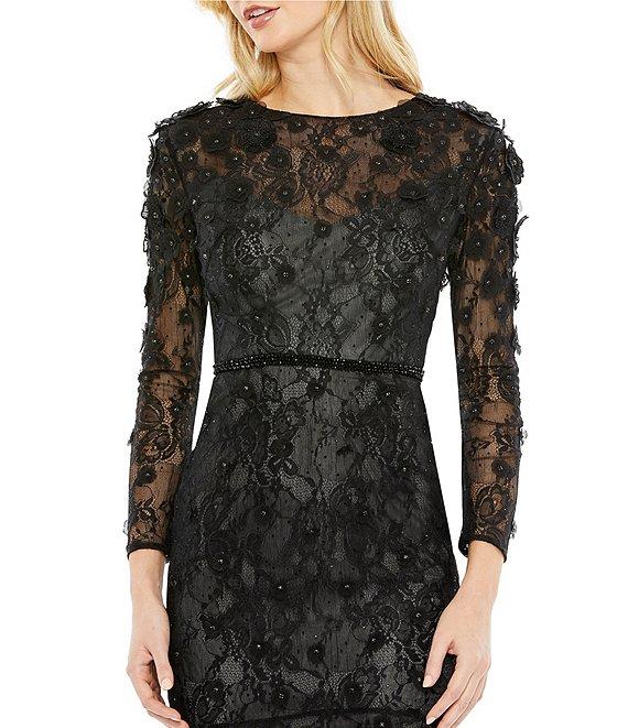 Mac Duggal Floral Applique Long Sleeve Flounce Fit and Flare Dress Product Image