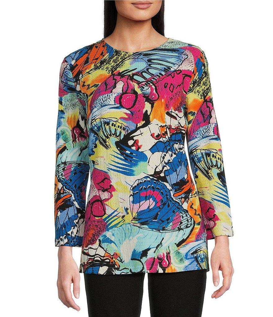 Calessa Petite Size Knit Abstract Butterfly Print Crew Neck 3/4 Sleeve Tunic Product Image