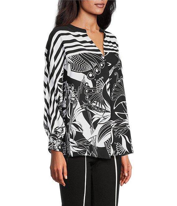 Slim Factor by Investments Stylized Floral Border Print Long Sleeve Split V-Neck Top Product Image