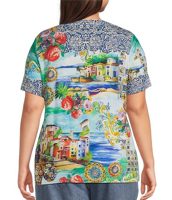 JOHNNY WAS Plus The Janie Favorite Scenic Print Knit V-Neck Short Sleeve Tee Product Image