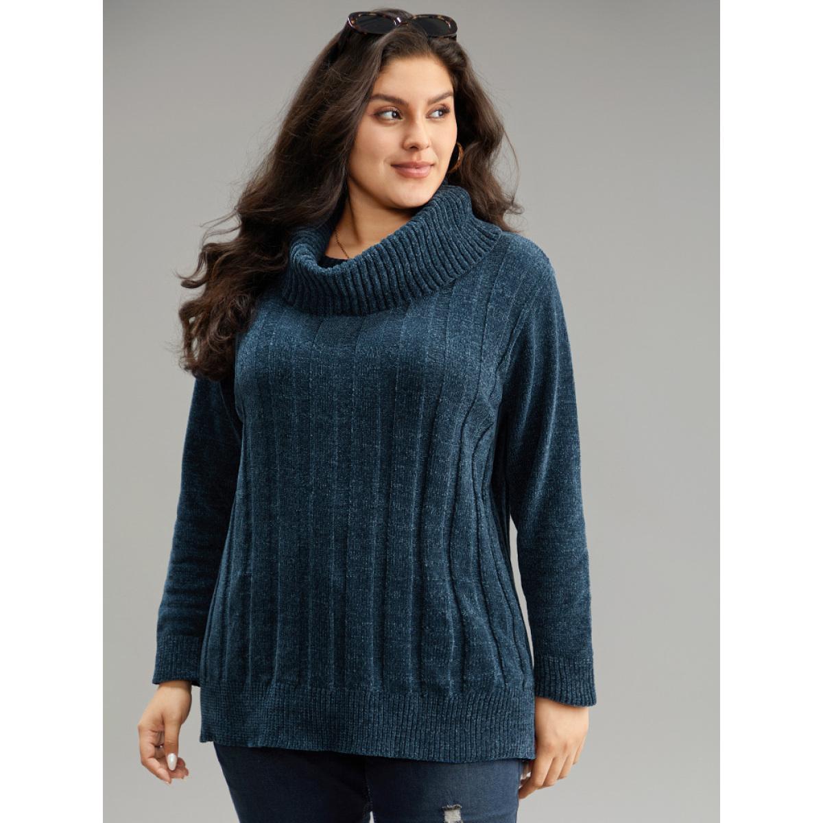 Plus Size Turtle Neck Plain Rib Knit Pullover Cyan Women Casual Long Sleeve Lapel Collar Dailywear Pullovers BloomChic 30/6X Product Image