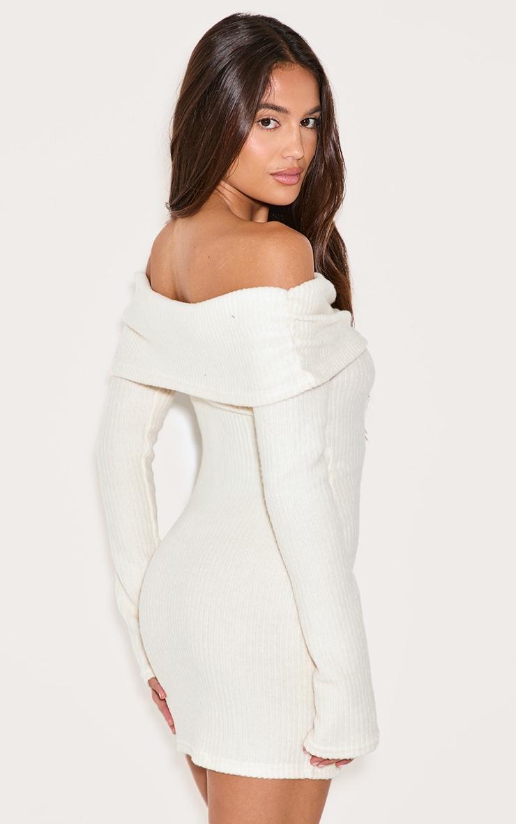 Cream Brushed Rib Bardot Long Sleeve Bodycon Dress Product Image
