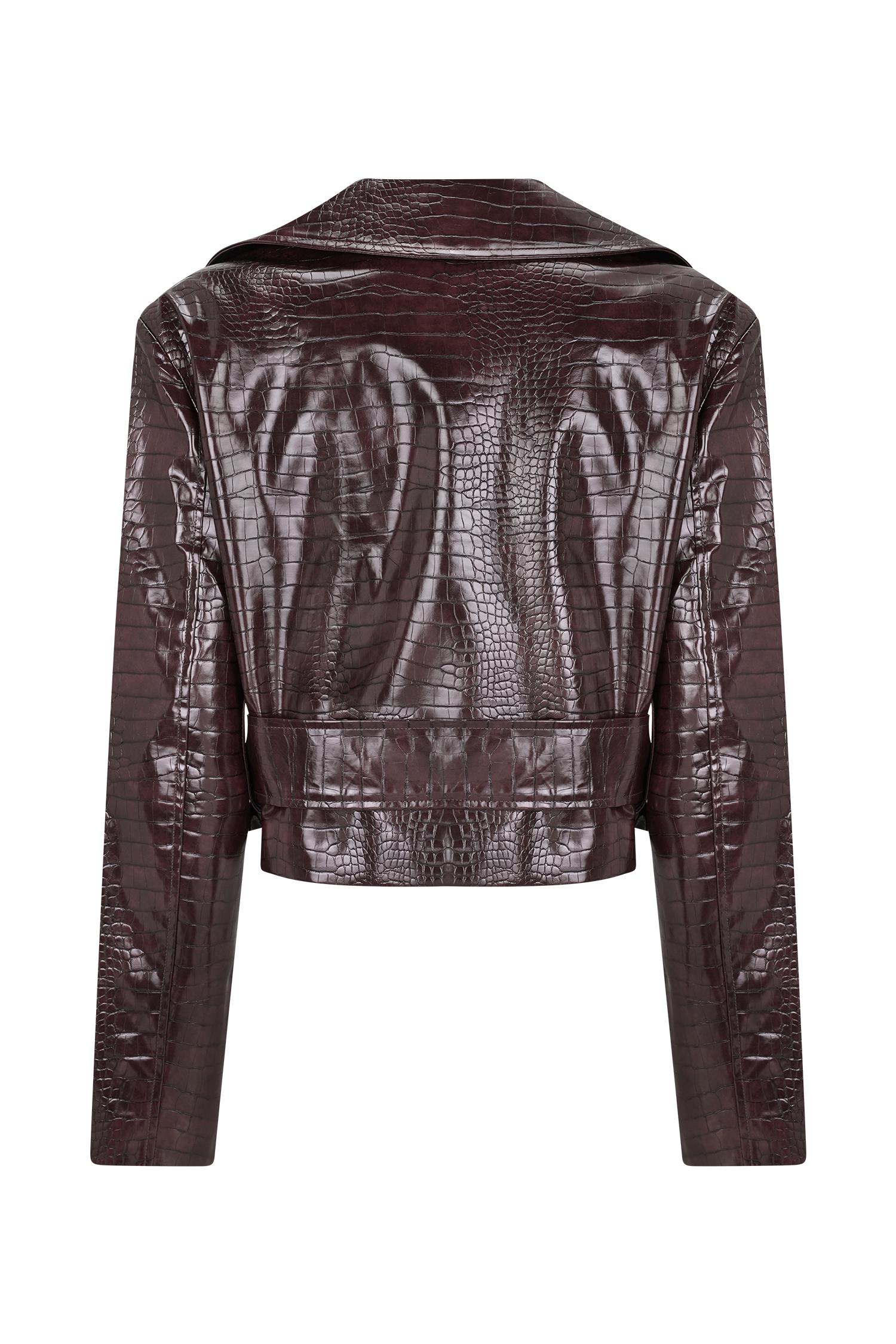 Archie Croc Faux Leather Cropped Jacket - Burgundy Female Product Image