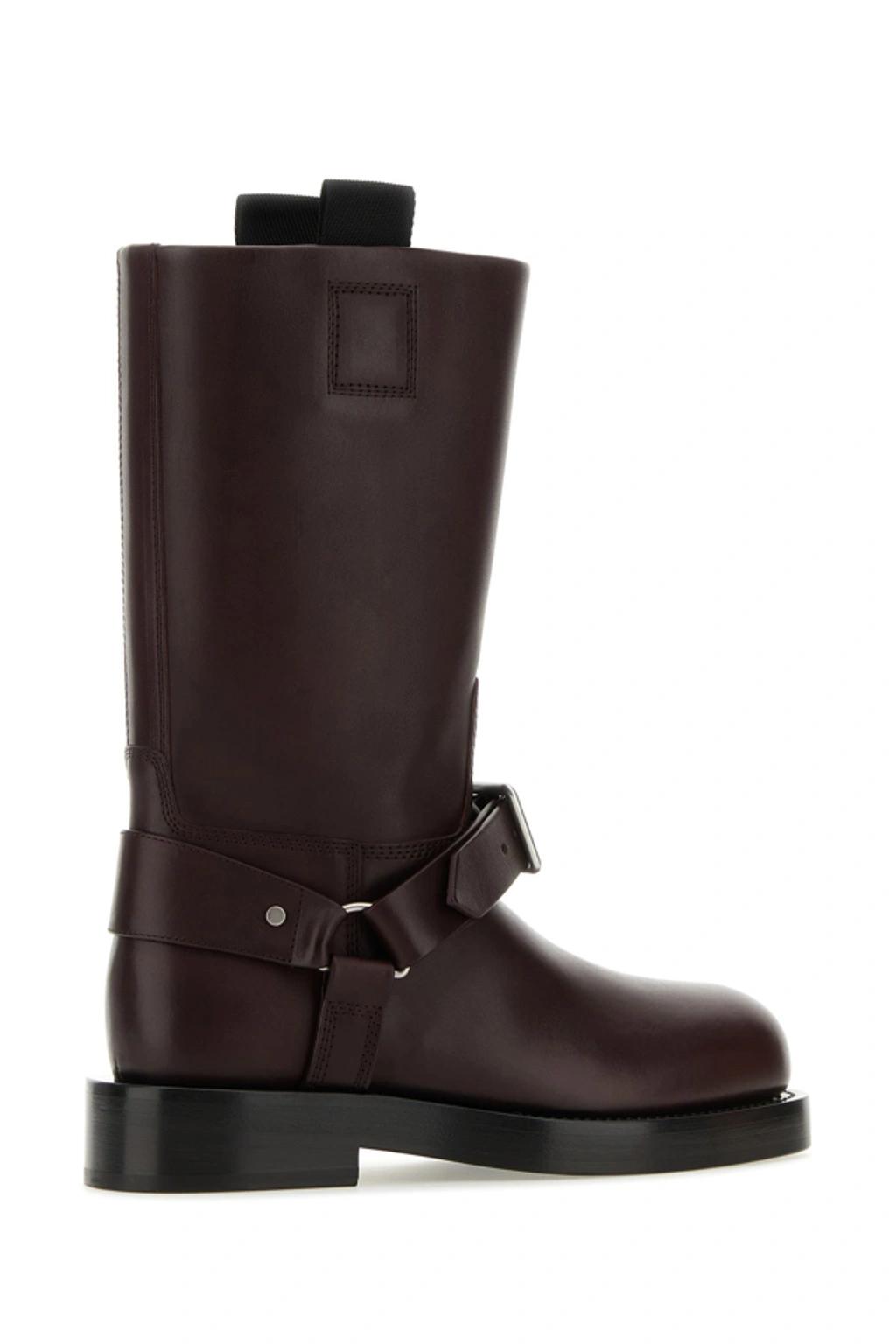 BURBERRY Women Aubergine Leather Saddle Ankle Boots In Black Product Image