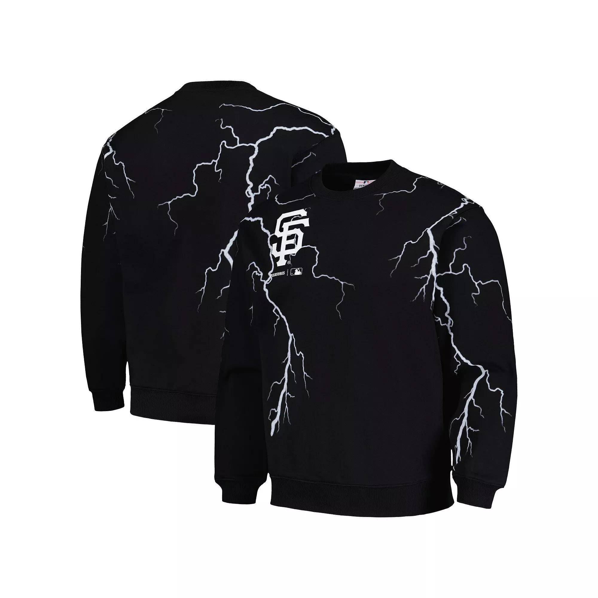 Men's PLEASURES Black Atlanta Braves Lightning Crewneck Pullover Sweatshirt,  Product Image