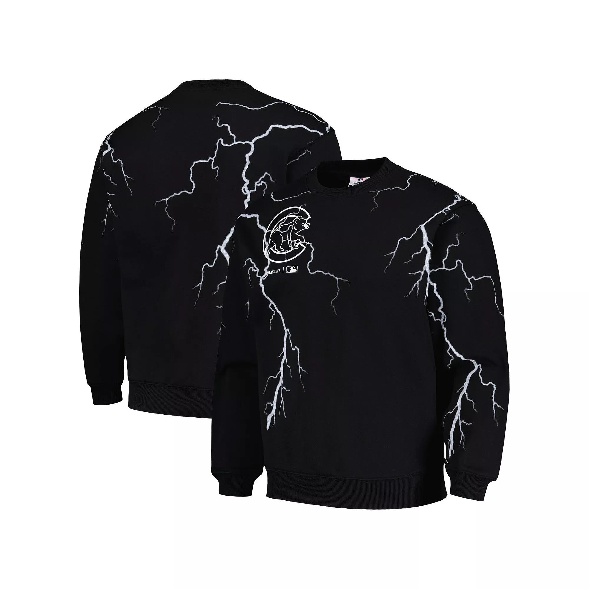 Men's PLEASURES Black Chicago Cubs Lightning Crewneck Pullover Sweatshirt,  Product Image