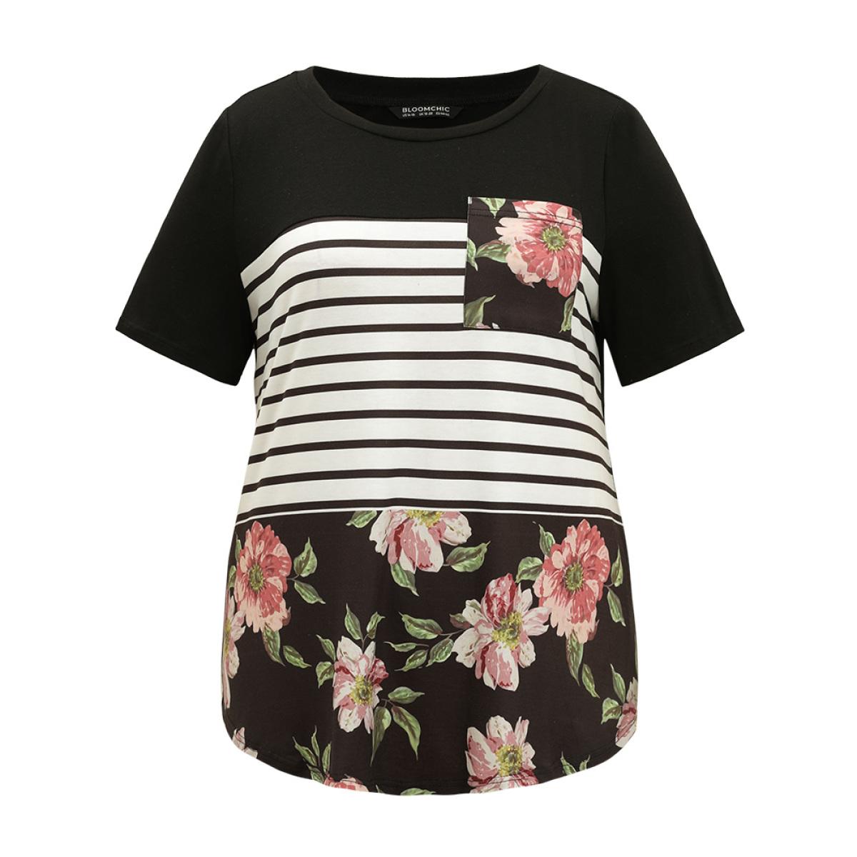Plus Size Floral Striped Patchwork Patched Pocket T-shirt Black Women Casual Printed Striped Round Neck Dailywear T-shirts BloomChic 26/4X Product Image