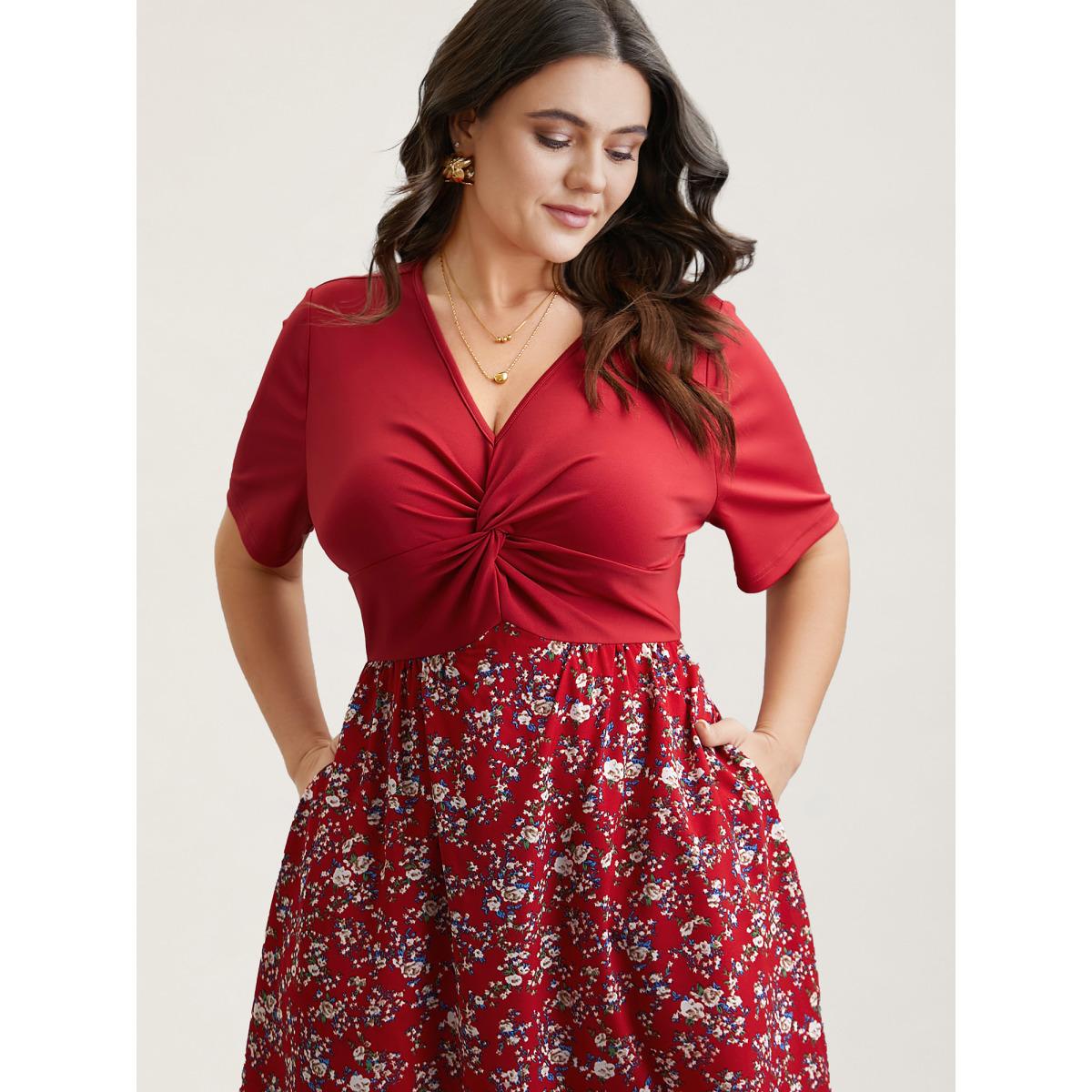 Plus Size Twist-Front V-Neck Stretchy Waist Midi Dress Raspberry Women Romantic Twist V-neck Short sleeve Curvy BloomChic 22-24/3X Product Image